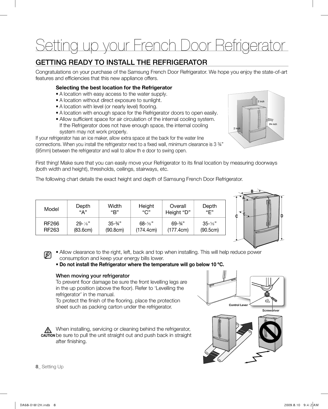 Samsung RF263 user manual Setting up your French Door Refrigerator, Getting Ready to Install the Refrigerator 