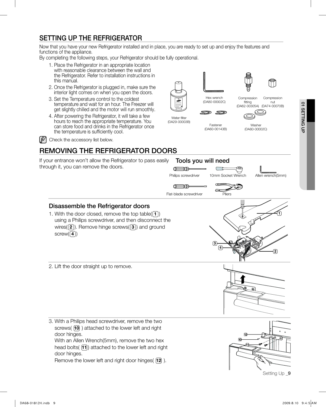 Samsung RF263 user manual Setting UP the Refrigerator, Removing the refrigerator doors, Disassemble the Refrigerator doors 