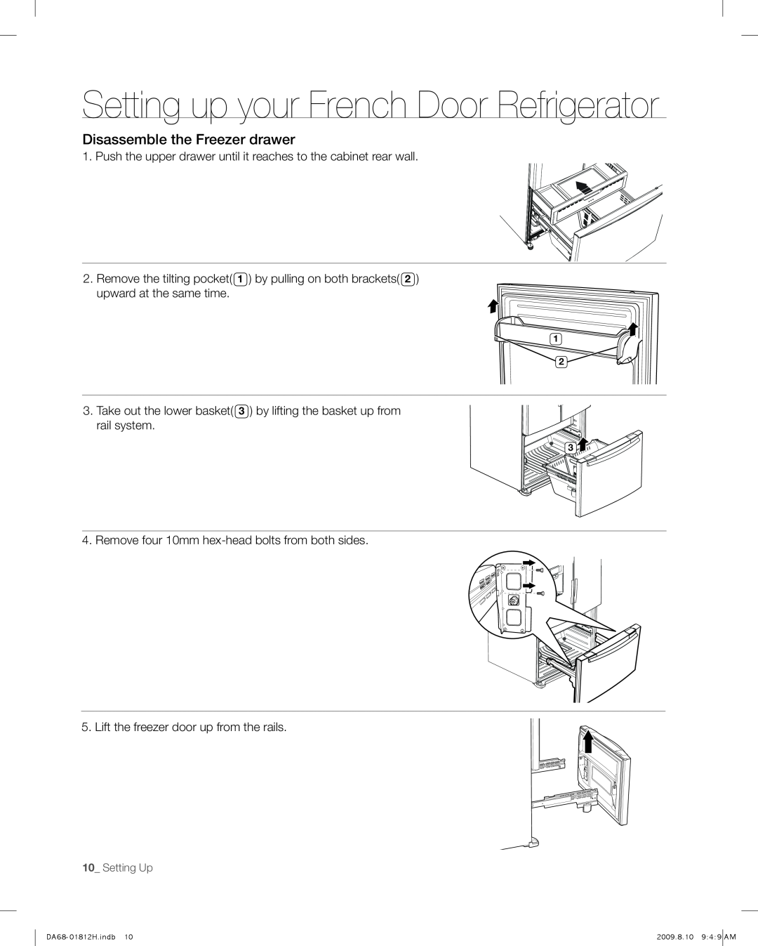 Samsung RF263 user manual Setting up your French Door Refrigerator, Disassemble the Freezer drawer 