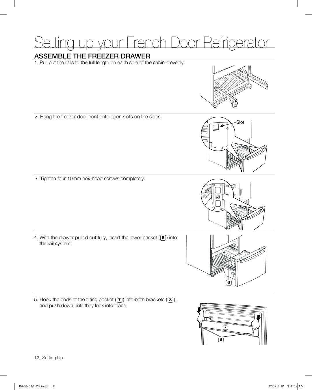 Samsung RF263 user manual Setting up your French Door Refrigerator, assemble the freezer drawer 