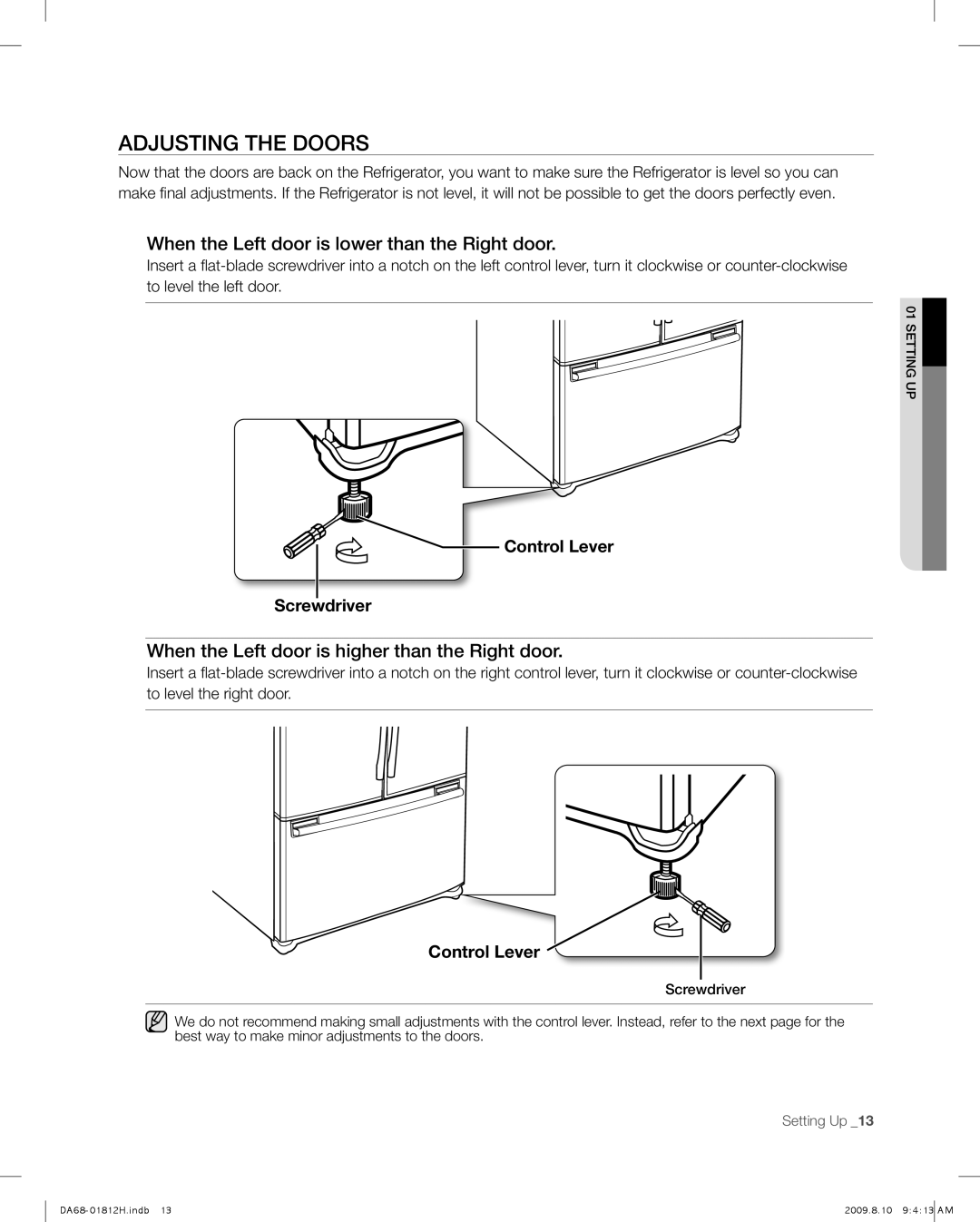 Samsung RF263 user manual ADJUSTING THE doors, When the Left door is lower than the Right door, Control Lever Screwdriver 