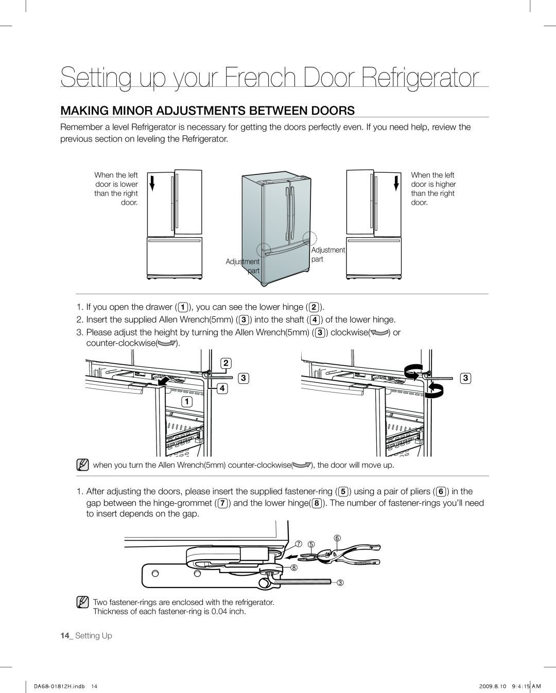 Samsung RF263 user manual Making Minor Adjustments Between Doors, Setting up your French Door Refrigerator, 14_ Setting Up 