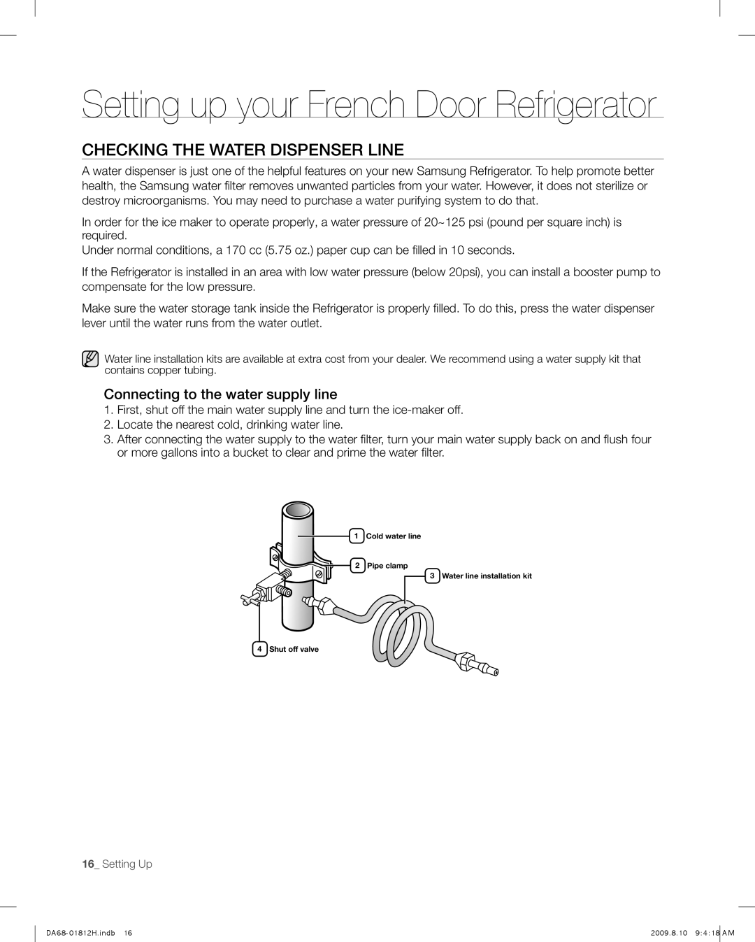 Samsung RF263 user manual Checking The Water Dispenser Line, Setting up your French Door Refrigerator 