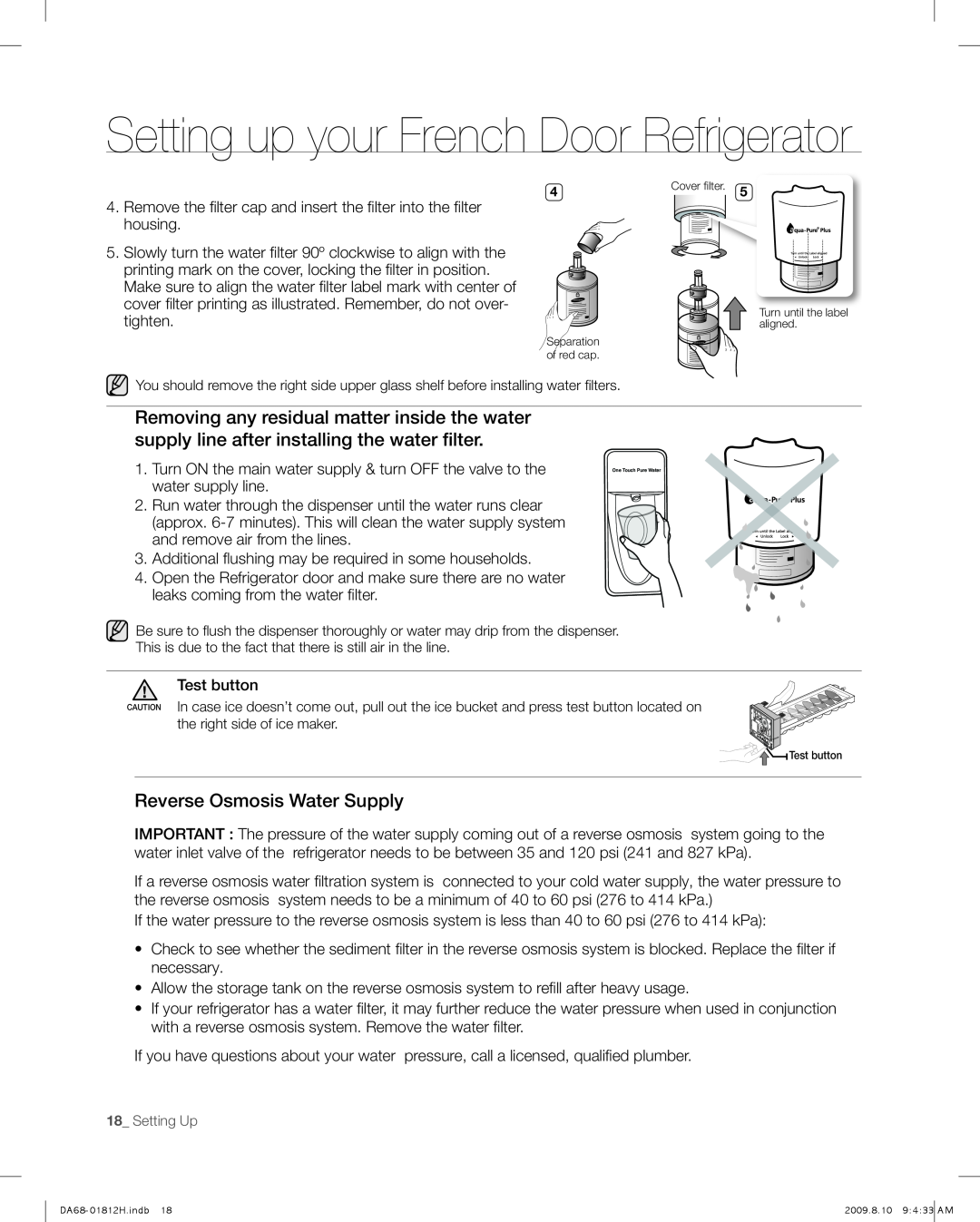 Samsung RF263 user manual Setting up your French Door Refrigerator, Reverse Osmosis Water Supply 
