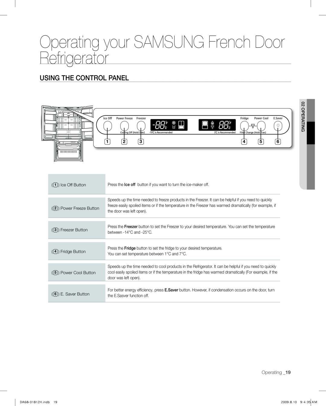 Samsung RF263 user manual Operating your SAMSUNG French Door Refrigerator, Using the control panel, Operating _19 