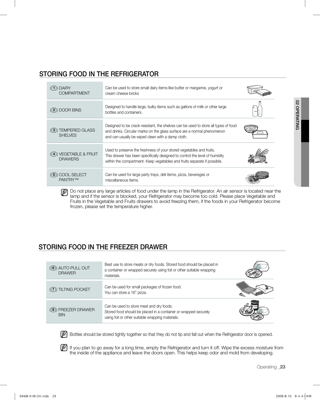 Samsung RF263 user manual Storing Food in the Refrigerator, Storing Food in the Freezer Drawer, Operating _23 