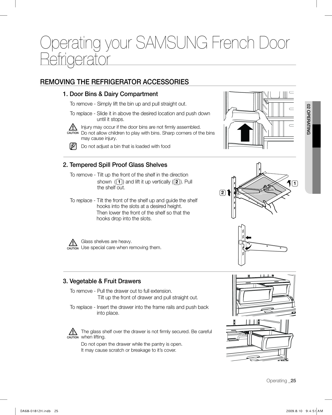 Samsung RF263 user manual Removing The Refrigerator Accessories, Operating your SAMSUNG French Door Refrigerator 