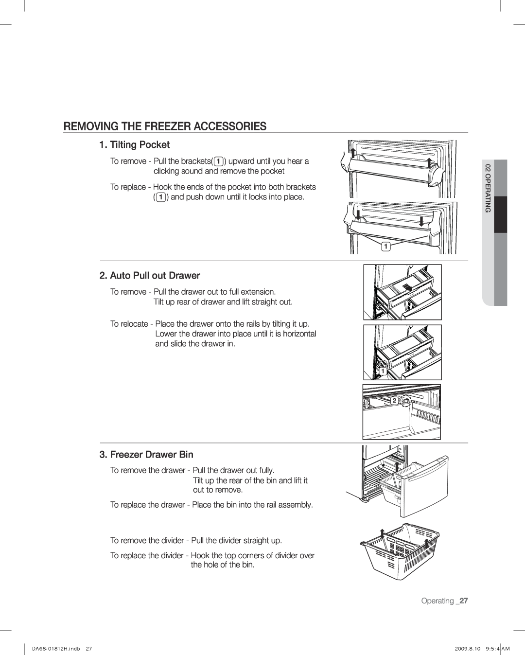 Samsung RF263 user manual Removing The Freezer Accessories, Tilting Pocket, Auto Pull out Drawer, Freezer Drawer Bin 