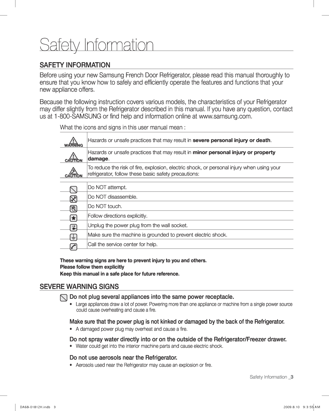 Samsung RF263 user manual Safety Information, Severe Warning Signs 