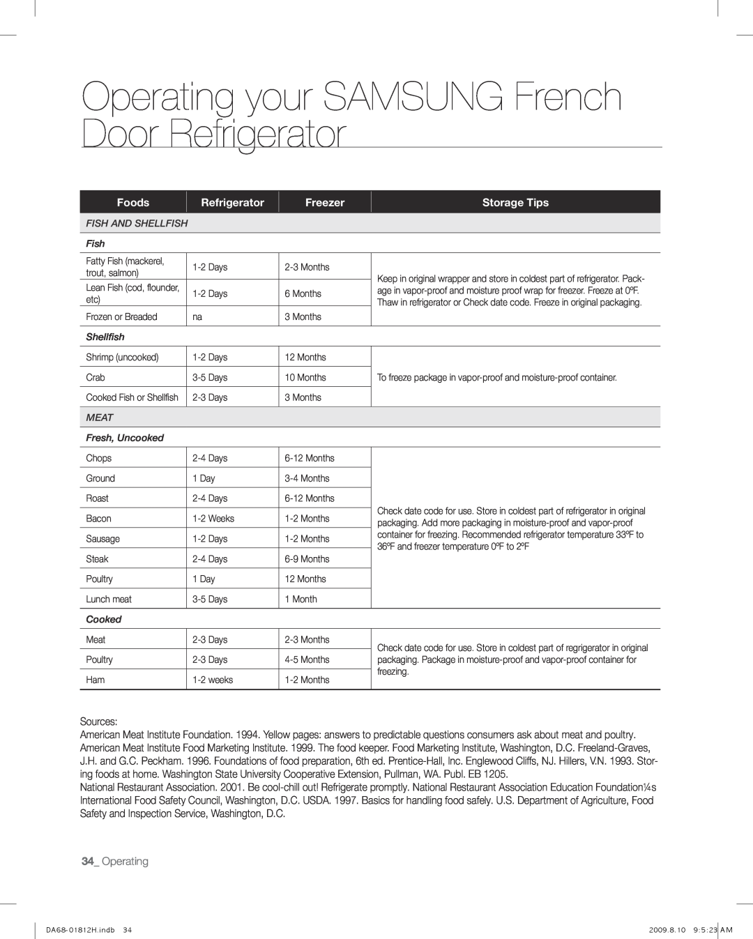 Samsung RF263 user manual Operating your SAMSUNG French Door Refrigerator, Foods, Freezer, Storage Tips 