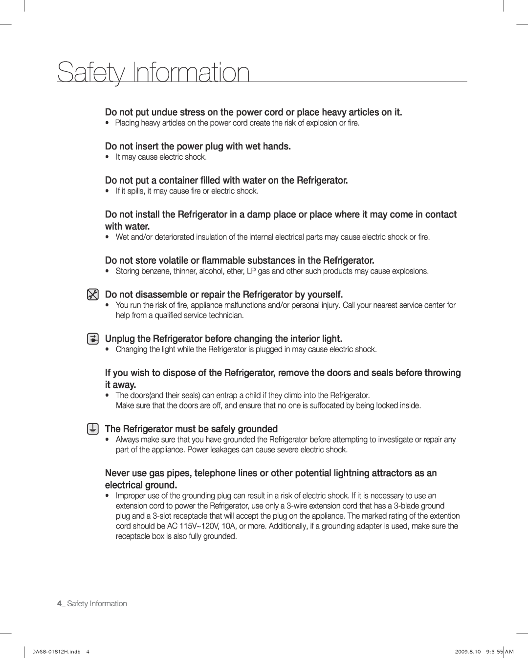 Samsung RF263 user manual Safety Information, Do not insert the power plug with wet hands 