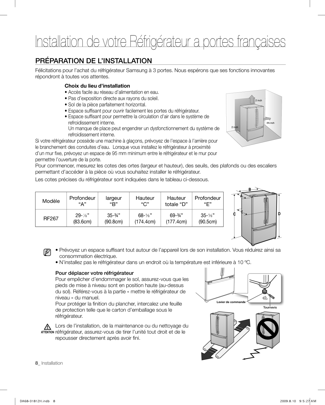 Samsung RF263 user manual Préparation De L’Installation, Choix du lieu d’installation 