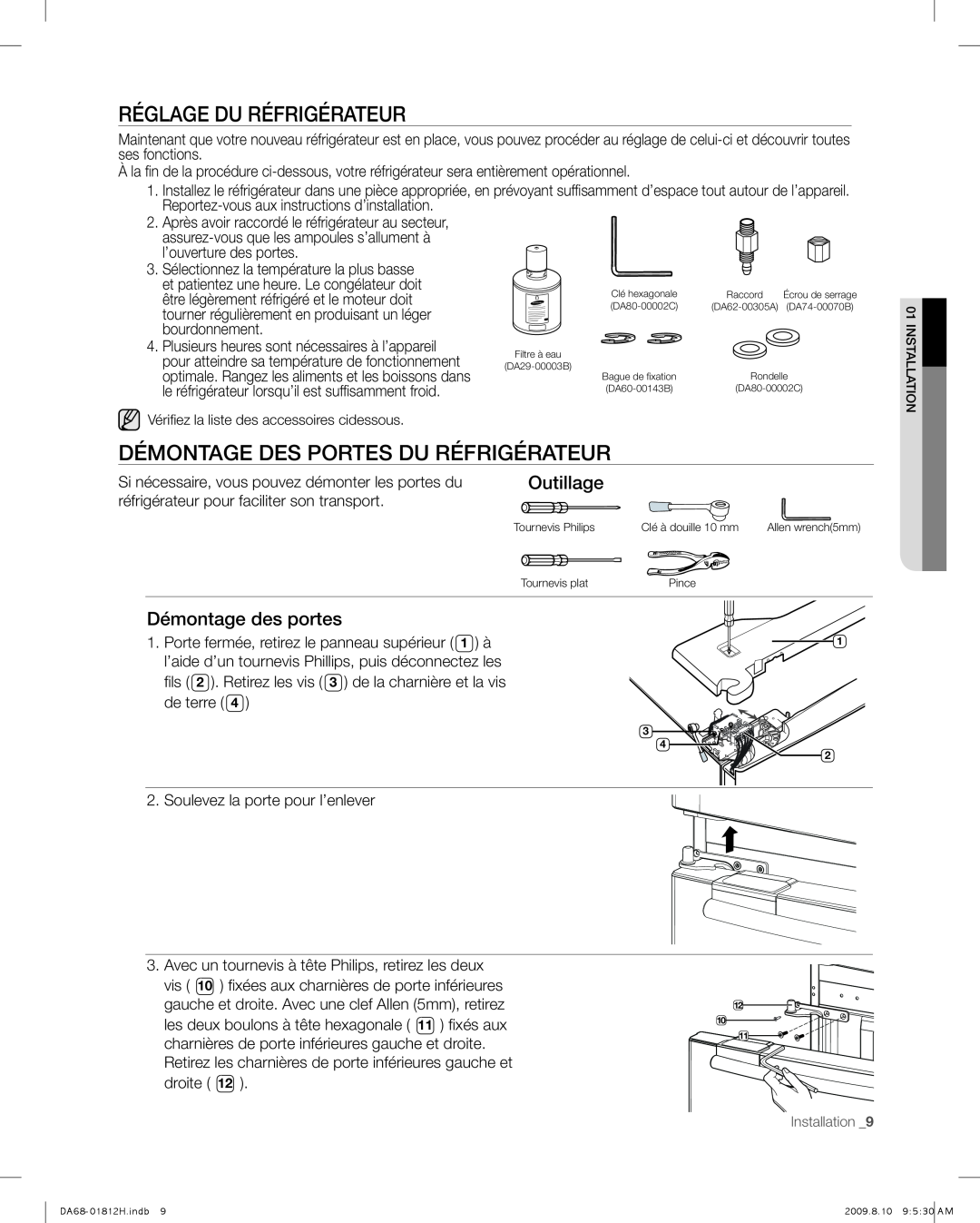 Samsung RF263 user manual Réglage Du Réfrigérateur, Démontage Des Portes Du Réfrigérateur, Outillage, Démontage des portes 