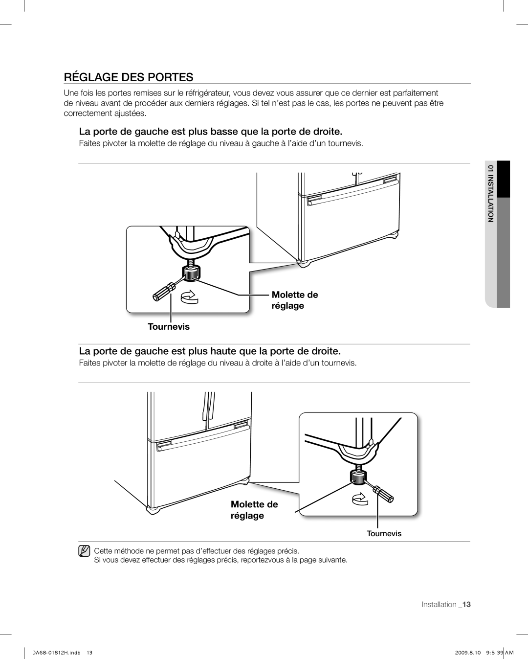 Samsung RF263 user manual Réglage Des Portes, Molette de réglage Tournevis 