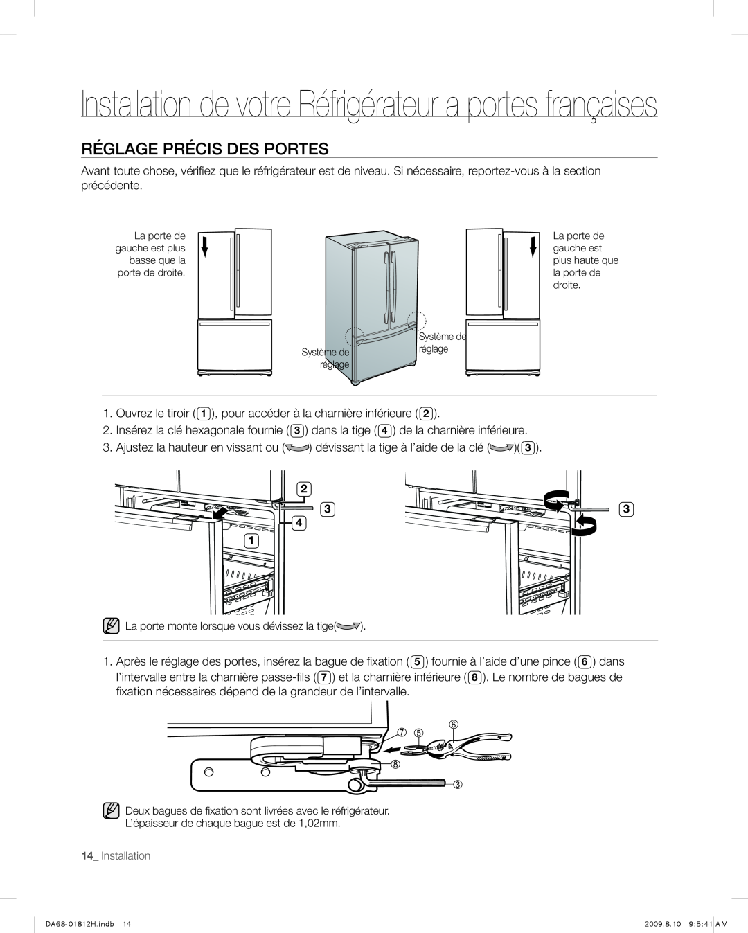 Samsung RF263 user manual Réglage Précis Des Portes, Installation 