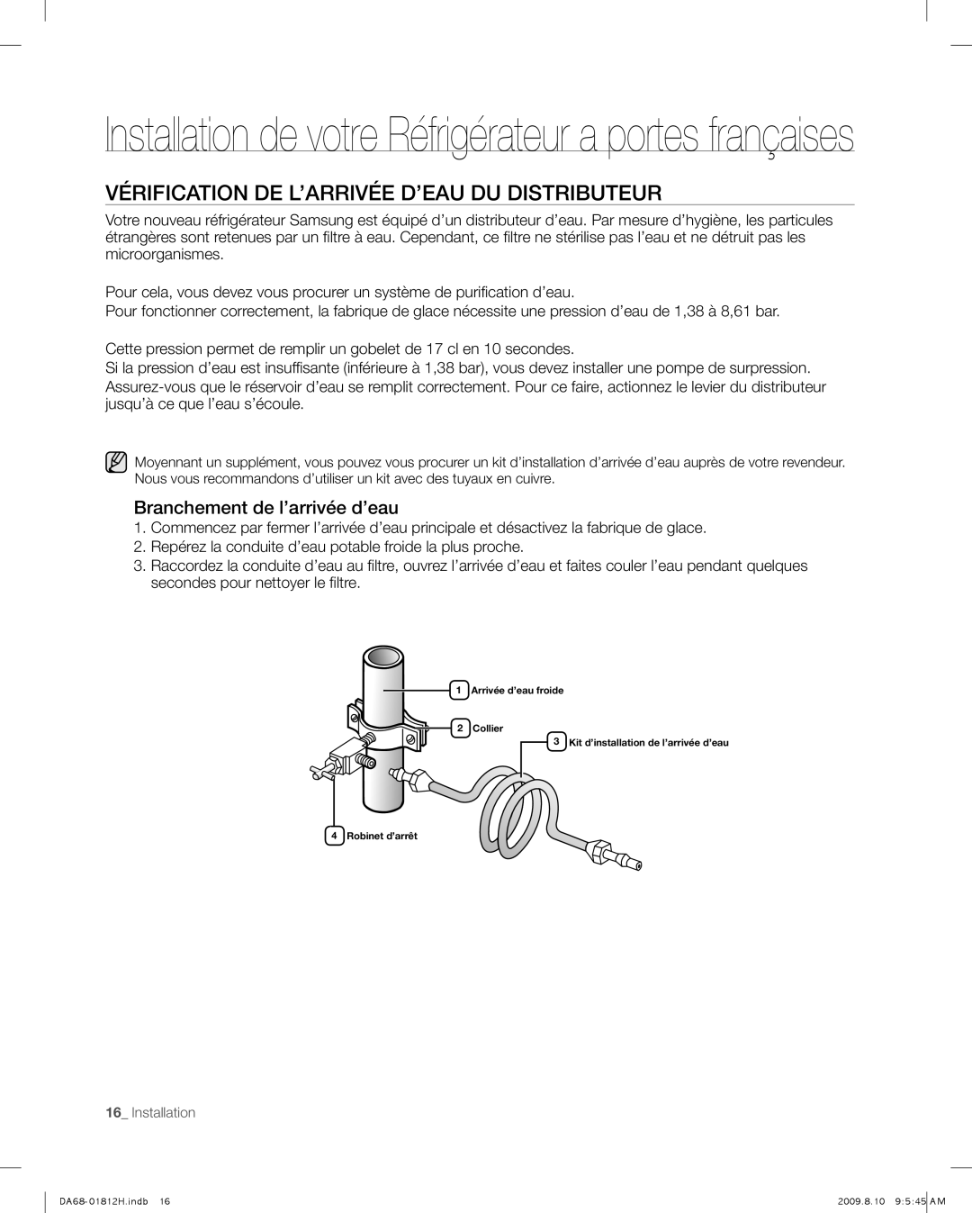 Samsung RF263 user manual Vérification De L’Arrivée D’Eau Du Distributeur, Branchement de l’arrivée d’eau 