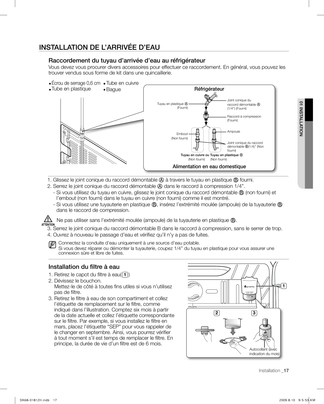 Samsung RF263 user manual Installation De L’Arrivée D’Eau, Installation du filtre à eau 