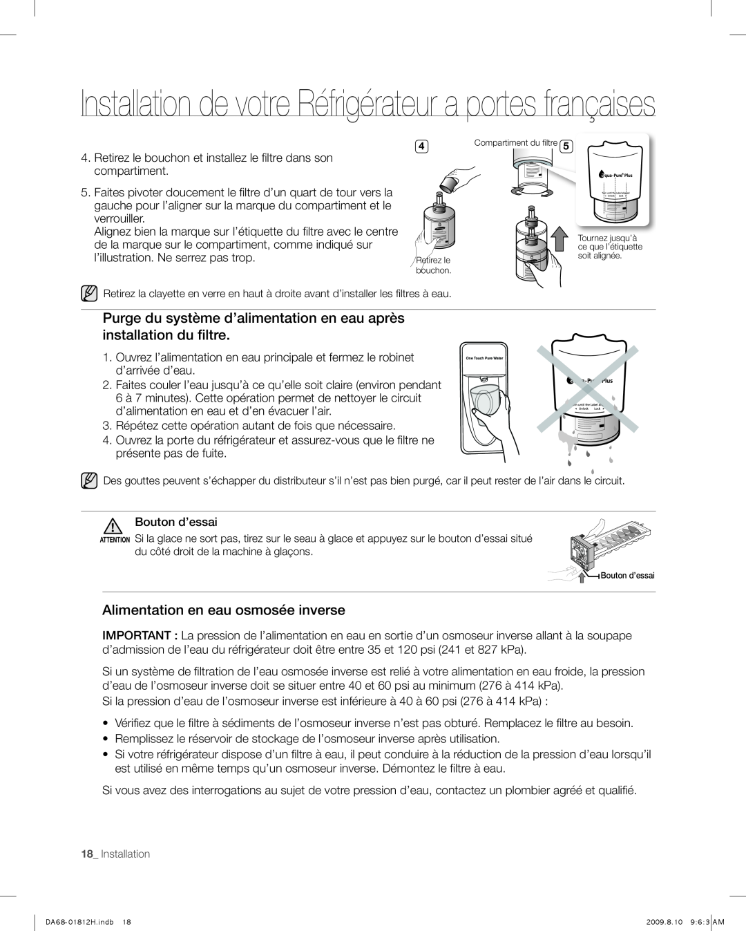 Samsung RF263 user manual Alimentation en eau osmosée inverse 