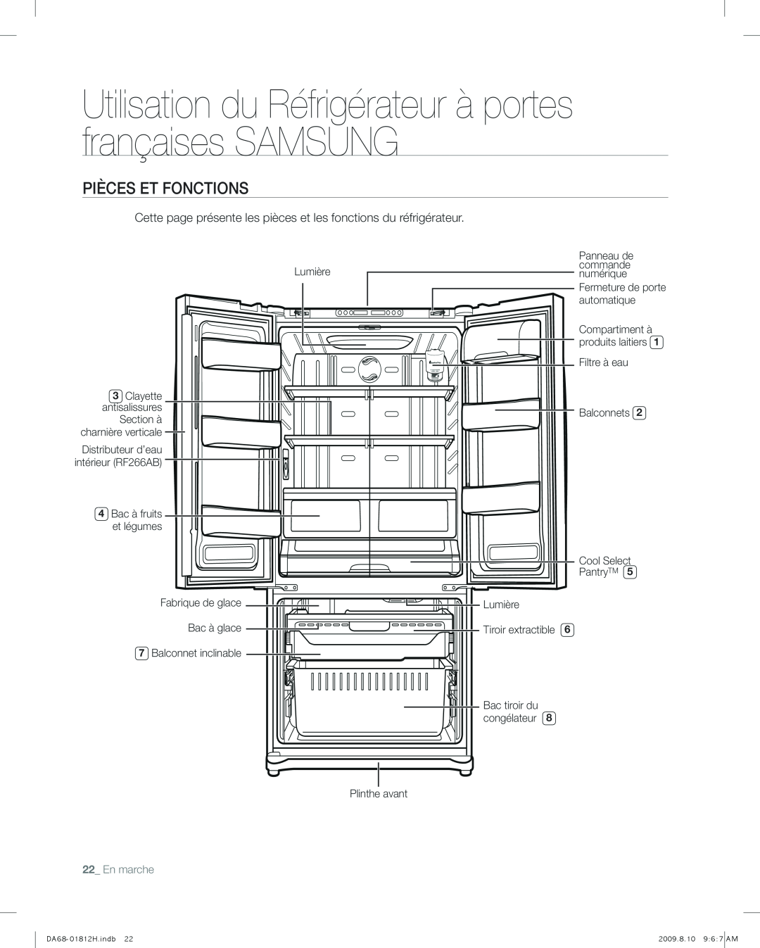 Samsung RF263 user manual Pièces Et Fonctions, 22_ En marche 