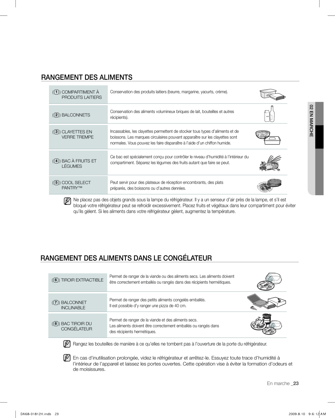 Samsung RF263 user manual Rangement Des Aliments Dans Le Congélateur, En marche _23 