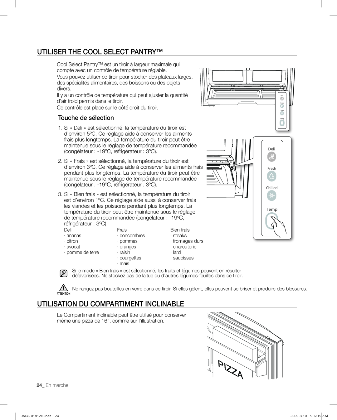 Samsung RF263 user manual utIlISeR THE COOL SELECT PANTRY, utIlISAtIoN du CoMpARtIMeNt INClINAble, Touche de sélection 