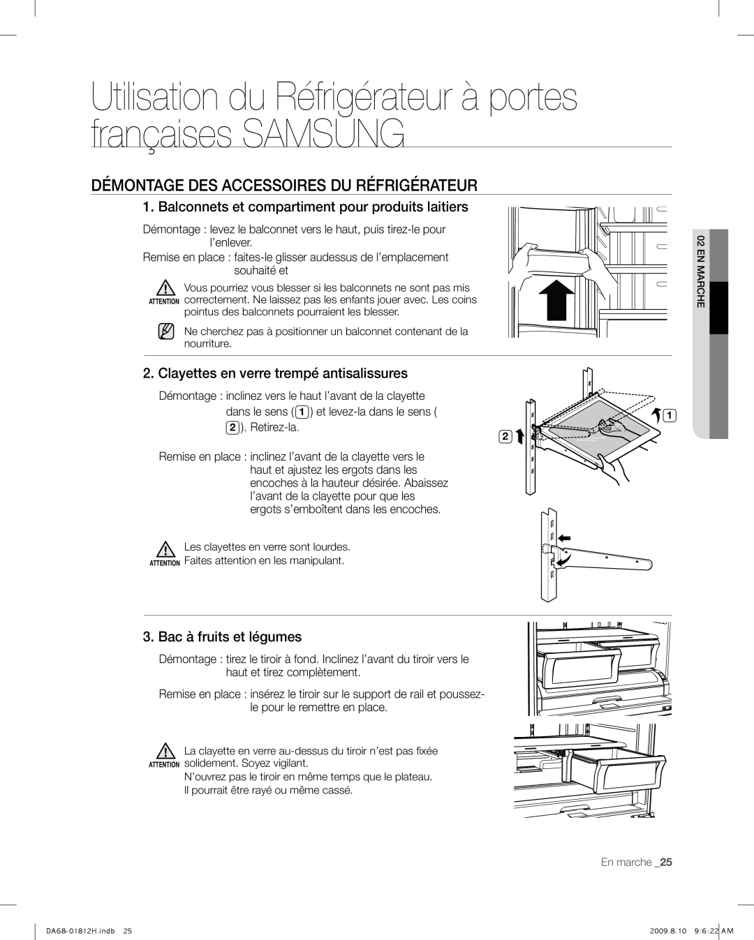 Samsung RF263 user manual Démontage Des Accessoires Du Réfrigérateur, Clayettes en verre trempé antisalissures 