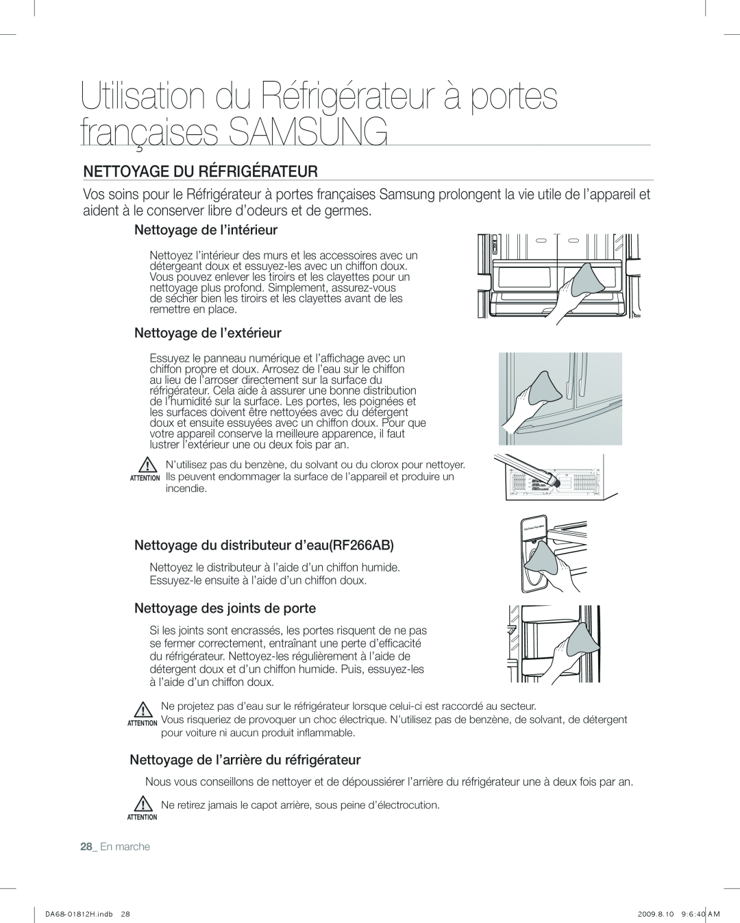 Samsung RF263 user manual NettoYAge du RéFRIgéRAteuR, Nettoyage de l’intérieur, Nettoyage de l’extérieur 
