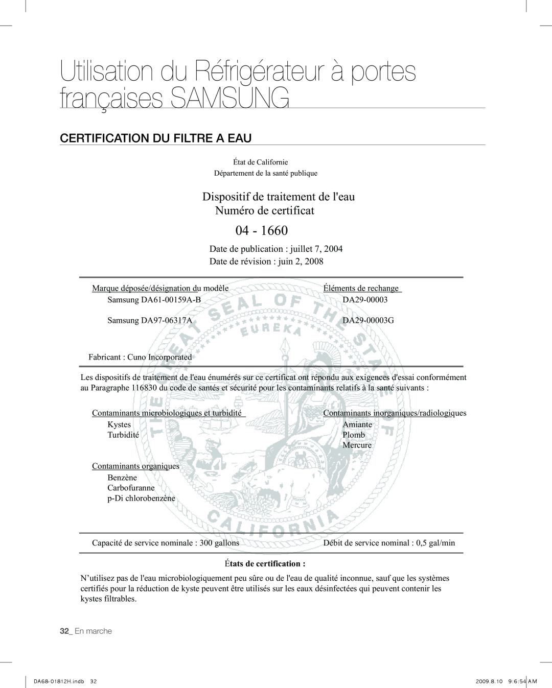Samsung RF263 user manual Certification Du Filtre A Eau, 04, Dispositif de traitement de leau, Numéro de certificat 