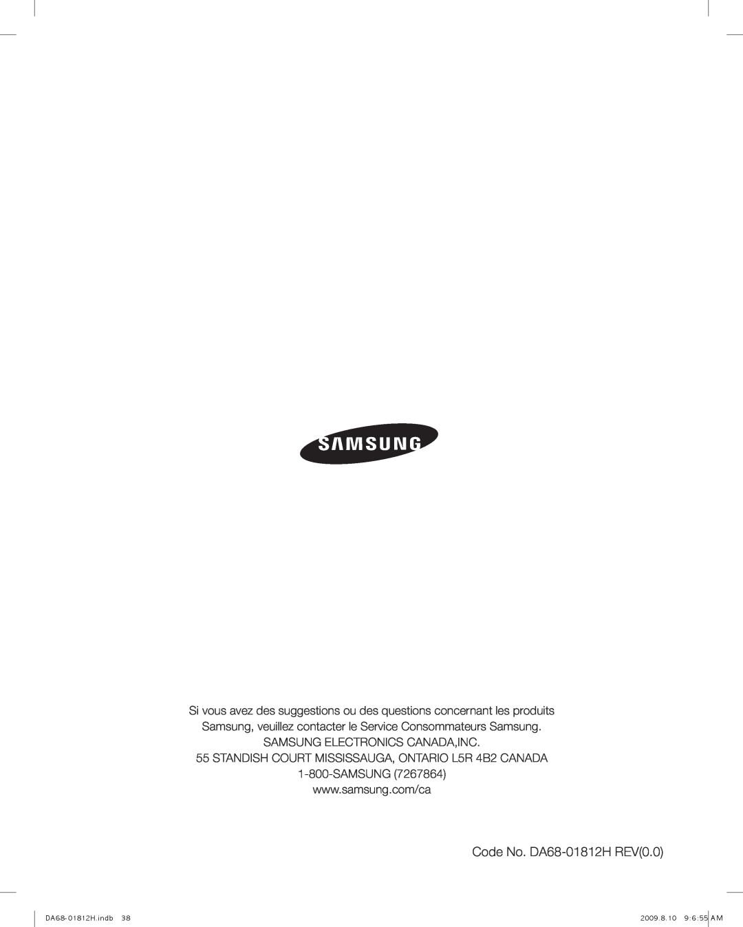 Samsung RF263 user manual Code No. DA68-01812HREV0.0 
