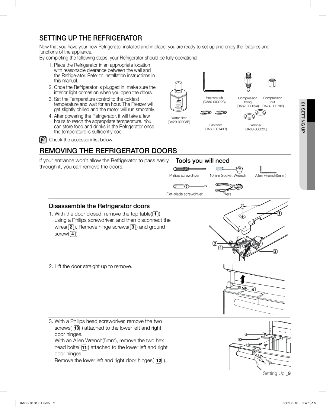 Samsung RF263 user manual Setting Up The Refrigerator, Removing the refrigerator doors, Disassemble the Refrigerator doors 