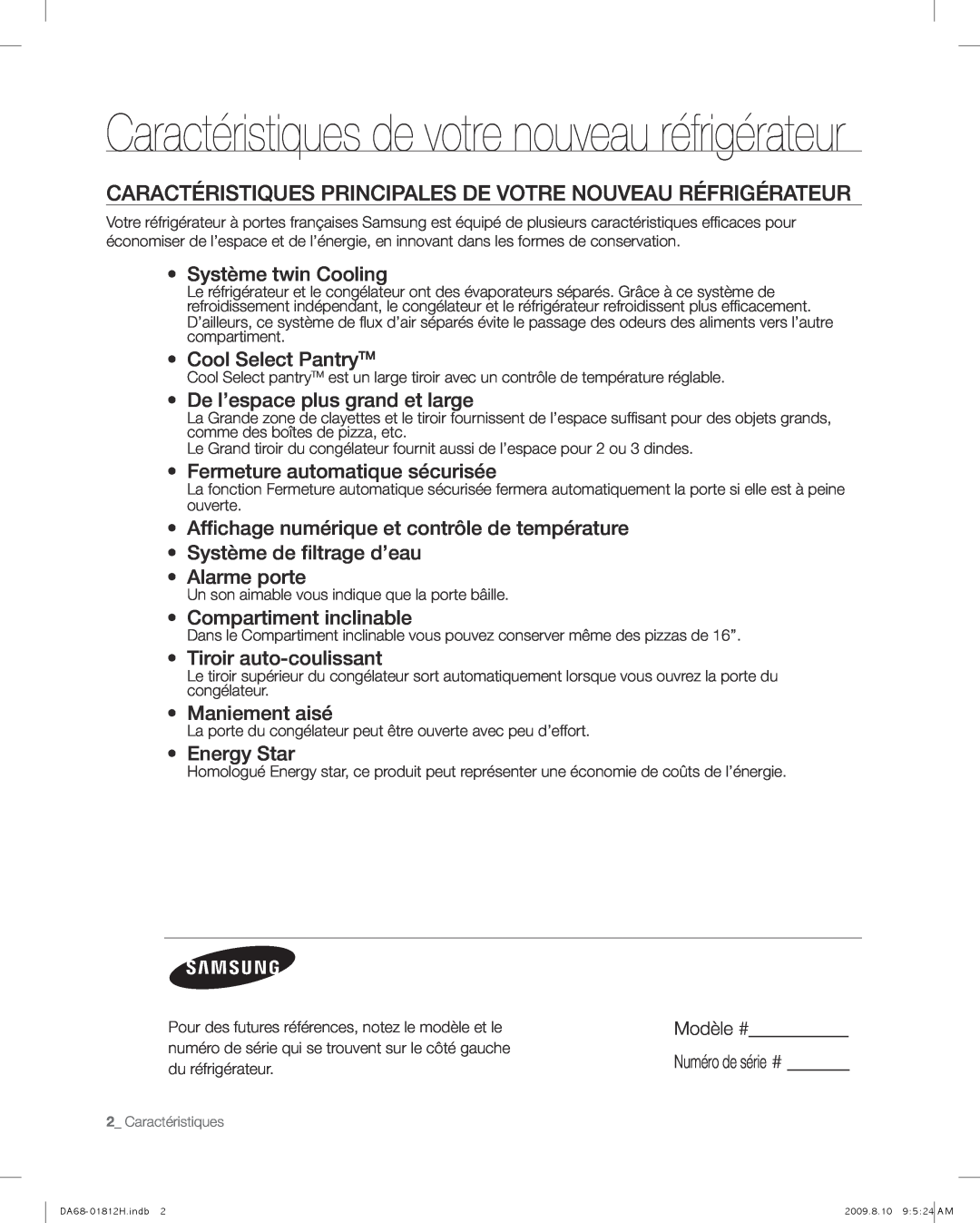 Samsung RF266AFBP, RF263AFBP, DA68-01812H user manual Caractéristiques de votre nouveau réfrigérateur 