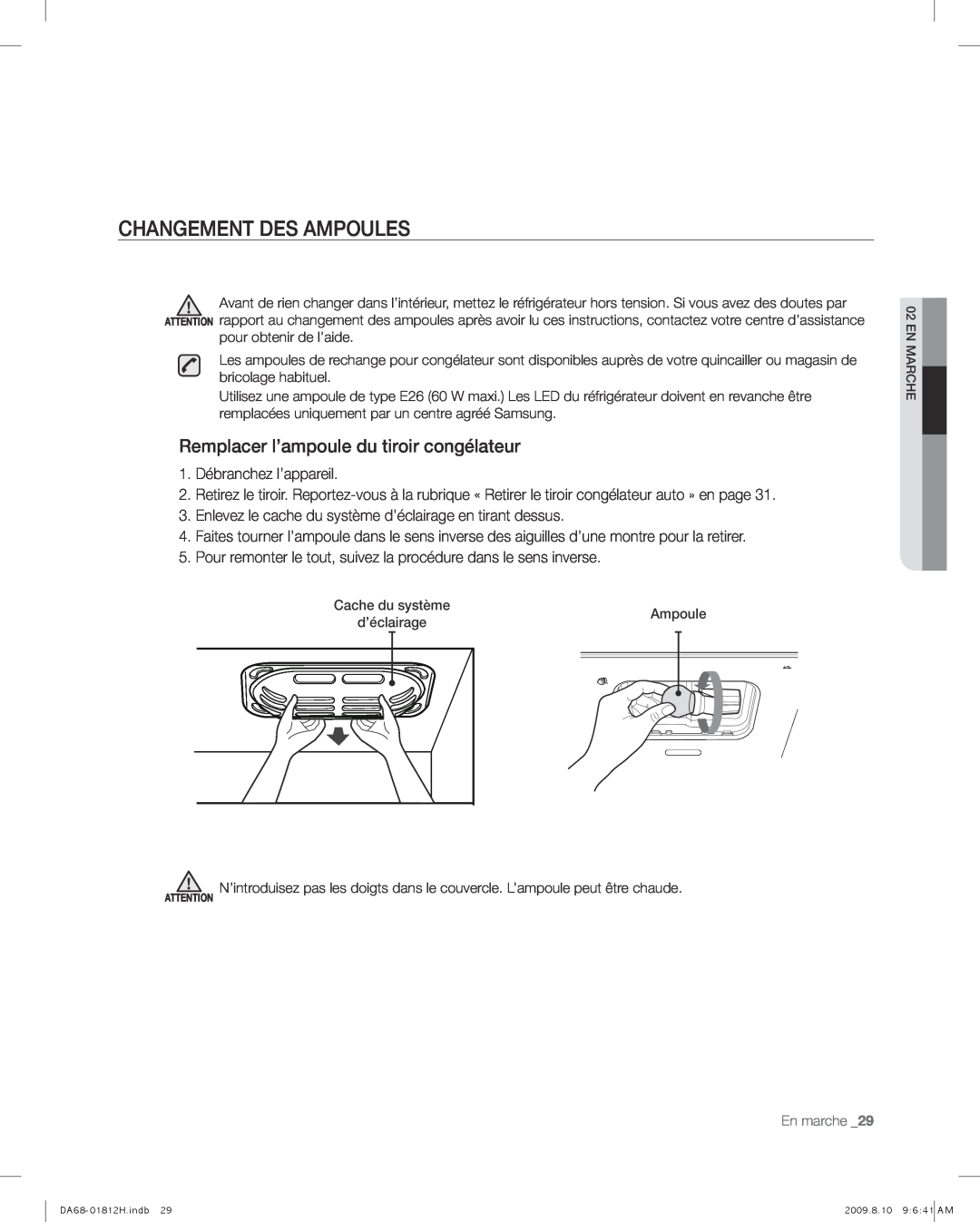 Samsung RF266AFBP, RF263AFBP, DA68-01812H user manual Changement Des Ampoules, Remplacer l’ampoule du tiroir congélateur 