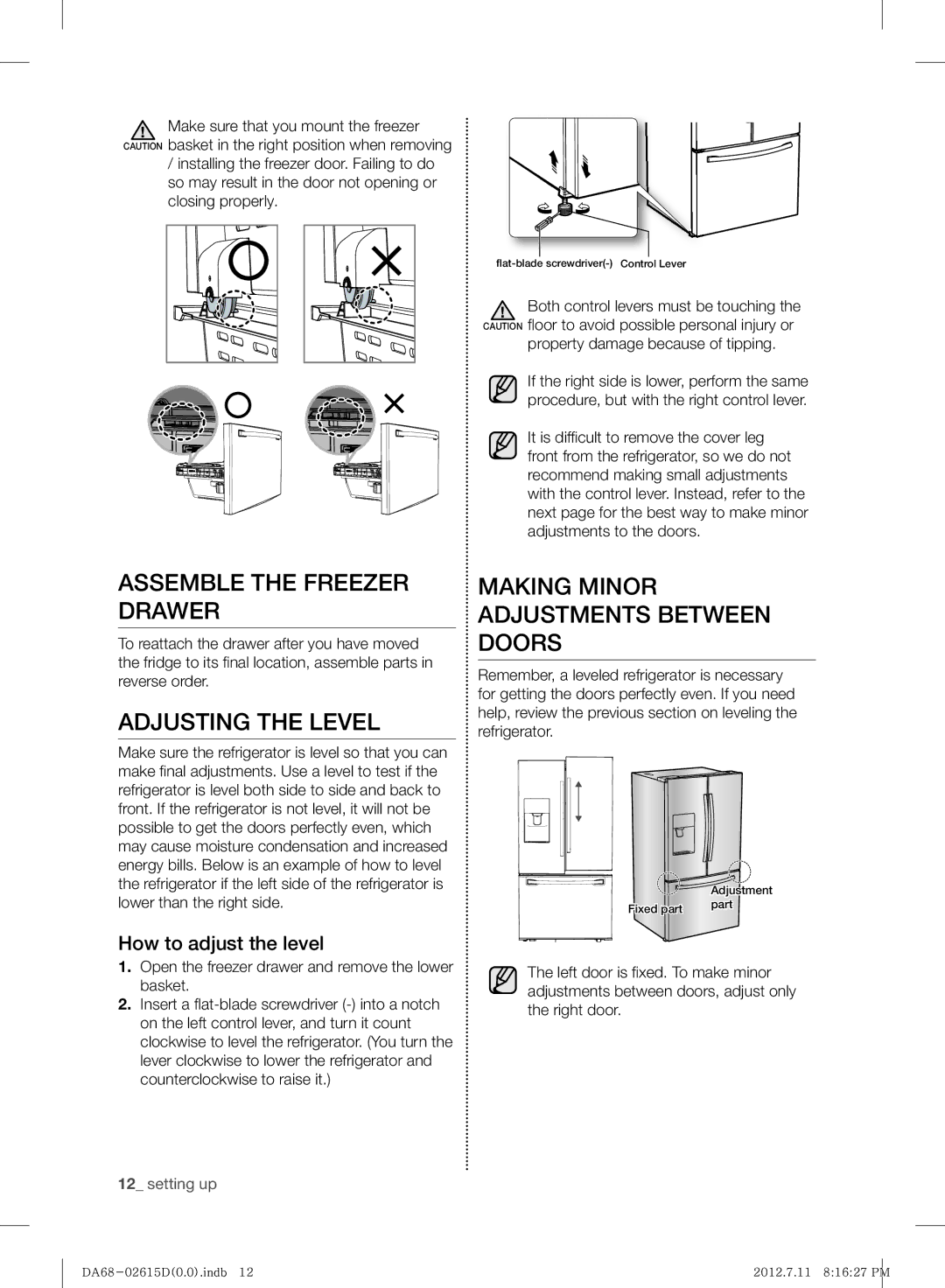 Samsung RF263BEAESP/ML manual Assemble the Freezer Drawer, Adjusting the Level, Making Minor Adjustments Between Doors 