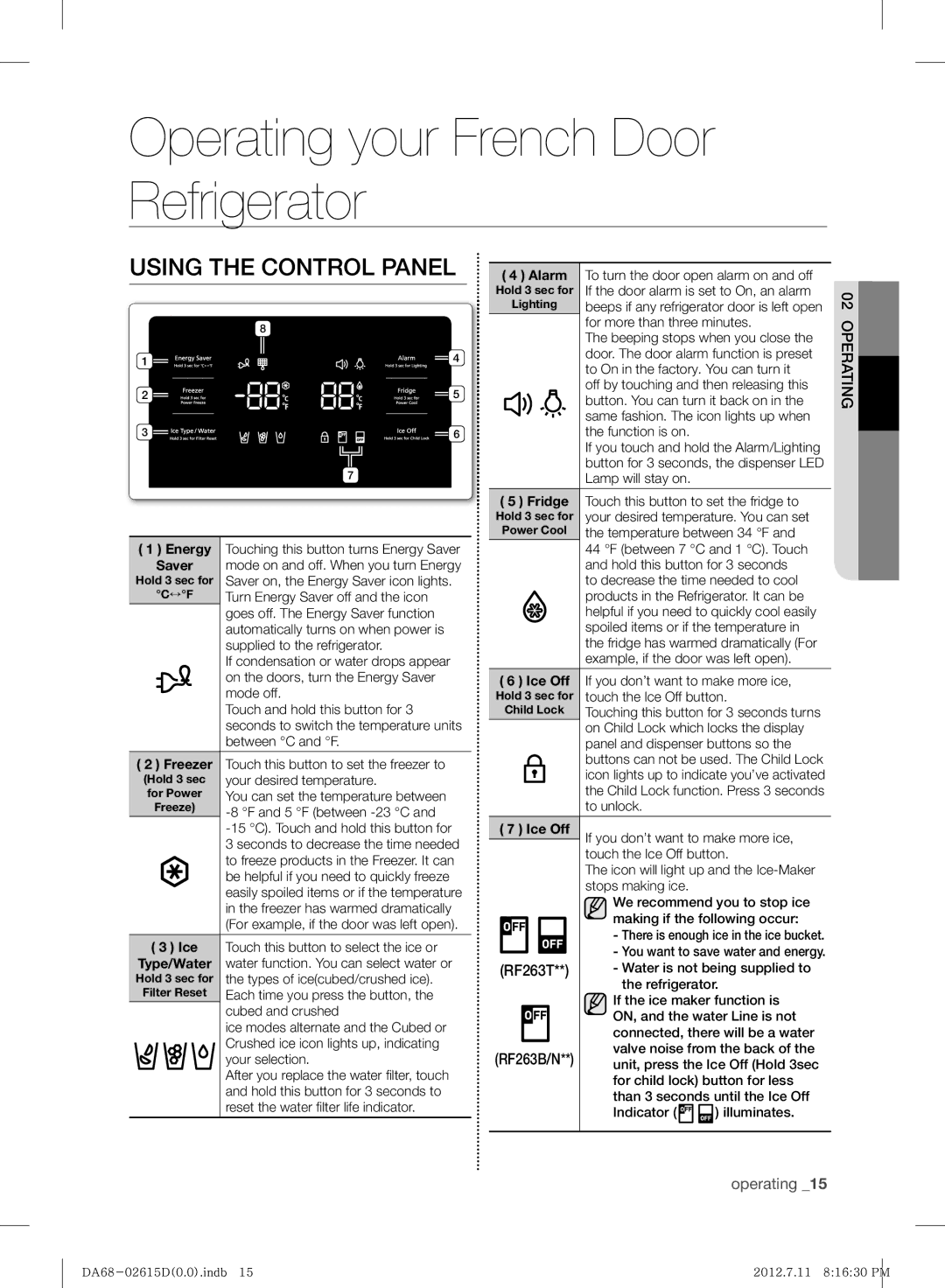 Samsung RF263BEAESP/ML manual Operating your French Door Refrigerator, Using the Control Panel 