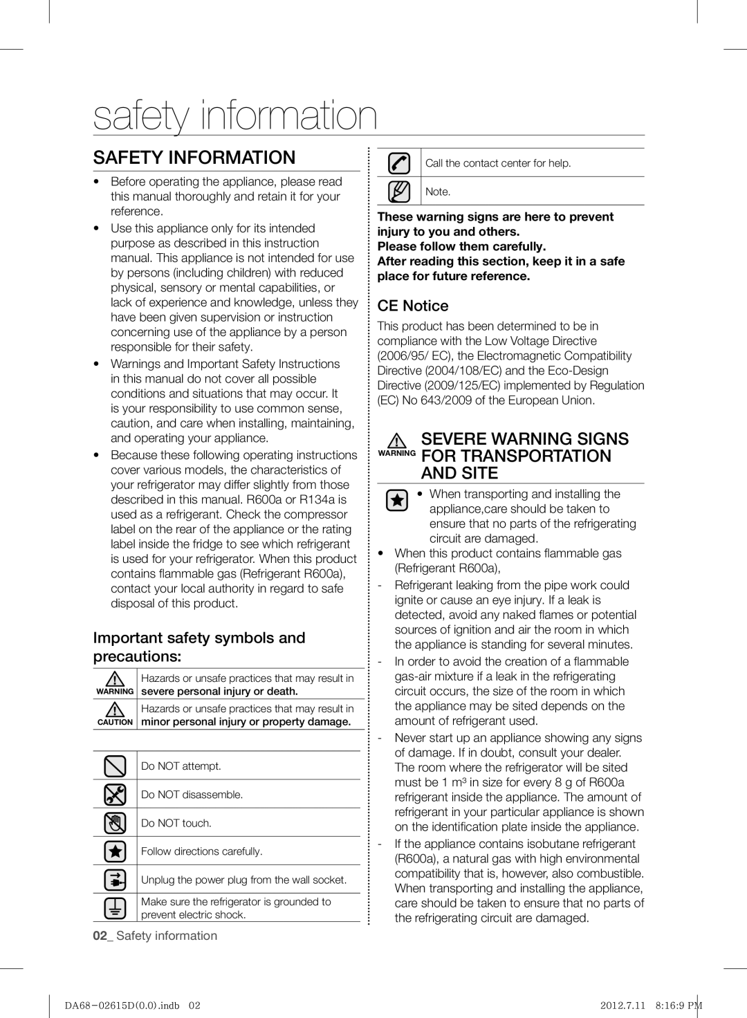 Samsung RF263BEAESP/ML manual Safety information, Safety Information, Severe Warning Signs Warning for Transportation Site 