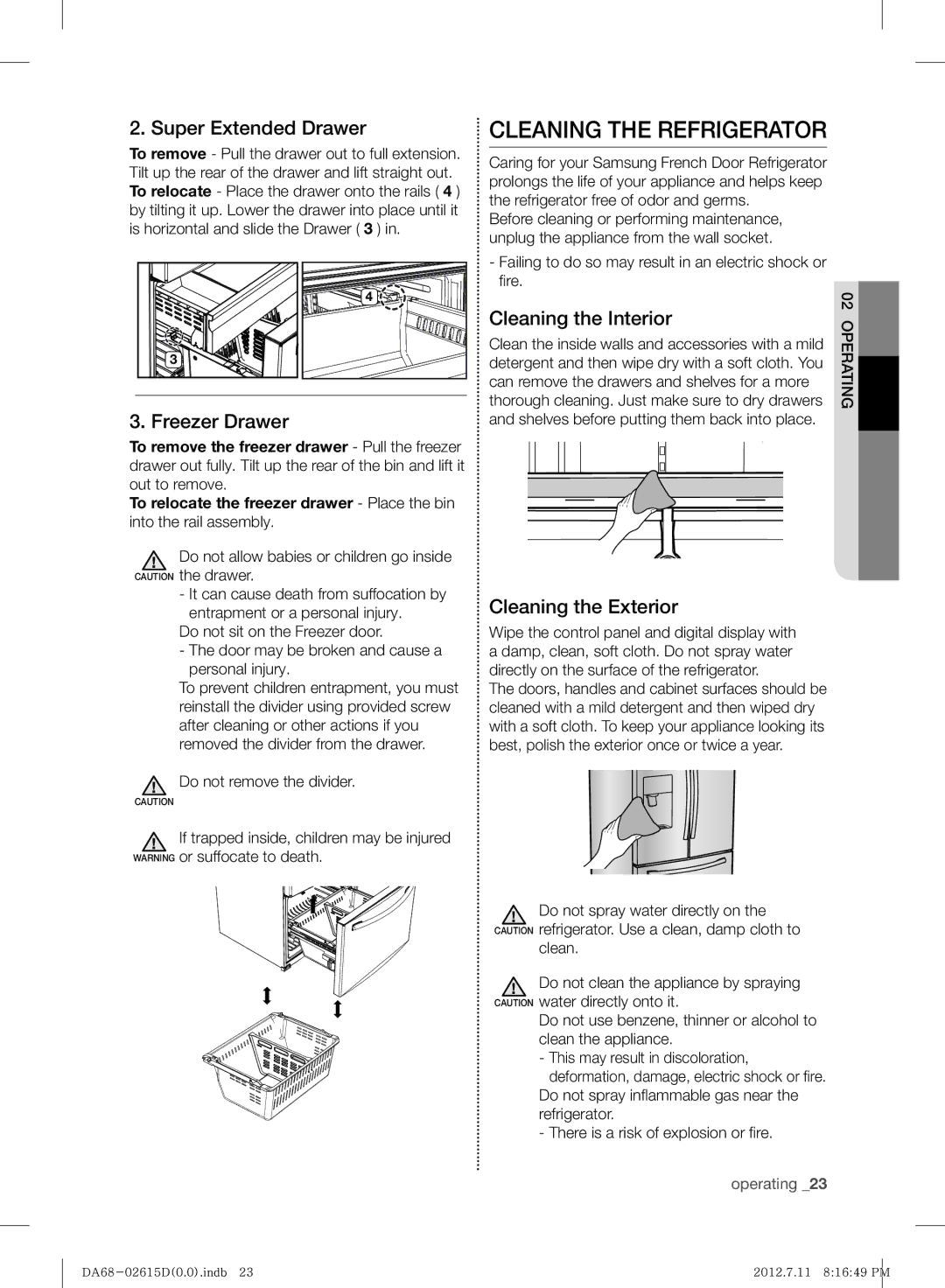 Samsung RF263BEAESP/ML manual Cleaning the Refrigerator, Super Extended Drawer, Freezer Drawer, Cleaning the Interior 