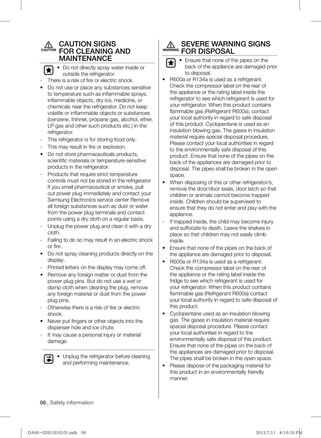 Samsung RF263BEAESP/ML manual Maintenance, Severe Warning Signs Warning for Disposal 