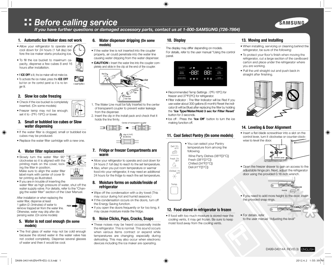 Samsung RF263BEAESP/ML manual Automatic Ice Maker does not work, Display, Slow Ice cube freezing, Water ﬁlter replacement 