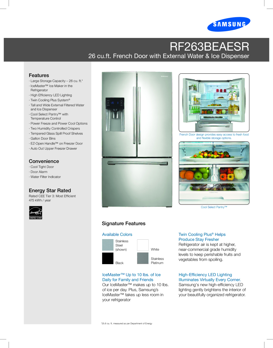 Samsung RF263BEAESR manual Convenience, Energy Star Rated, Signature Features 