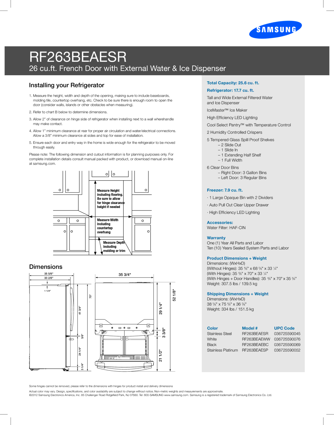 Samsung RF263BEAESR manual Installing your Refrigerator, Dimensions 