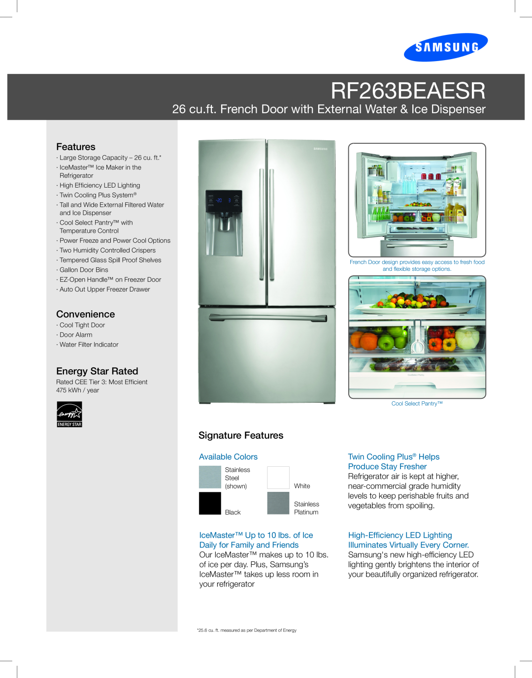 Samsung RF263BEAEBC user manual Refrigerator, imagine the possibilities, Samsung, Free Standing Appliance, English 