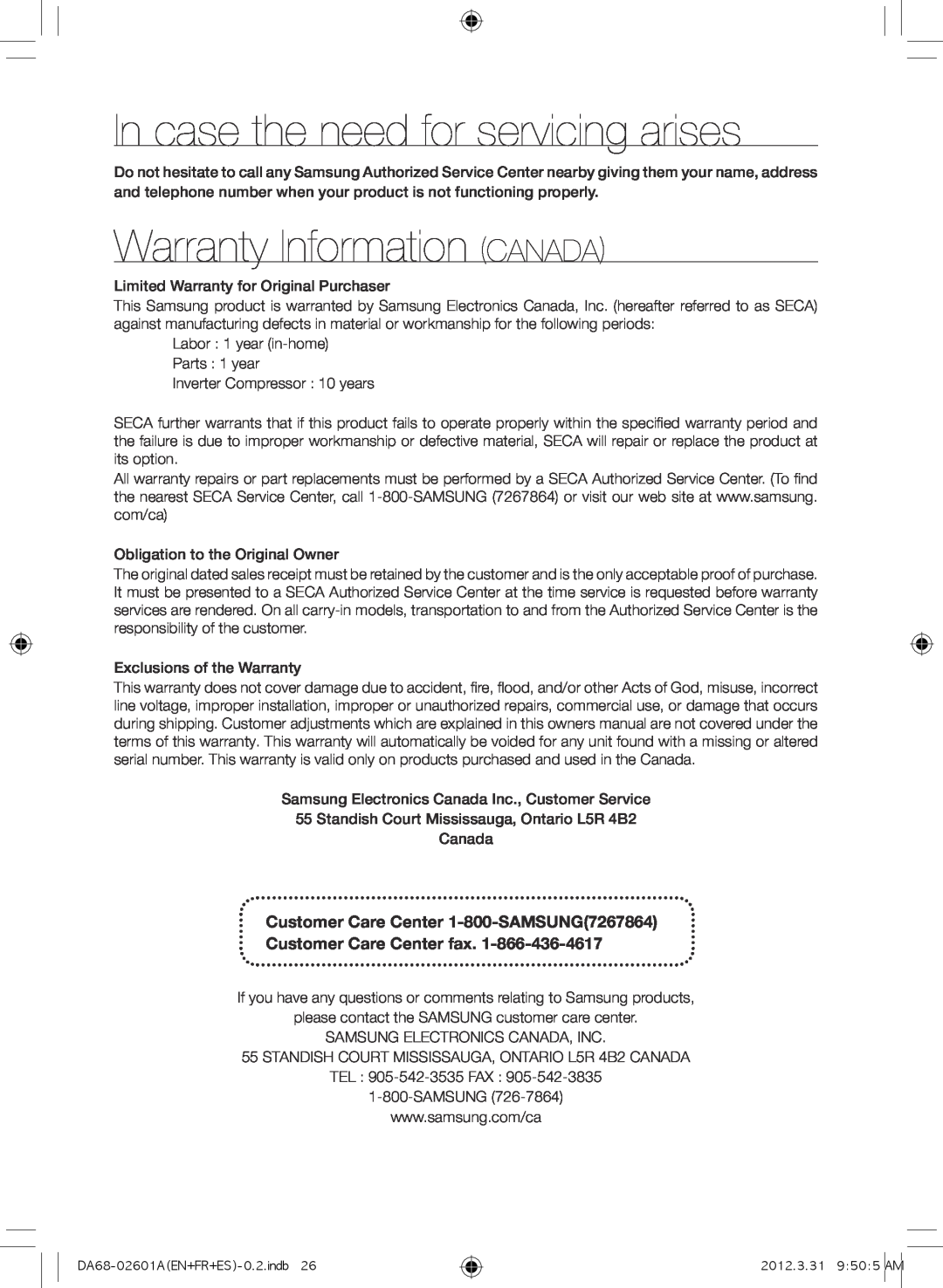 Samsung RF263NC, RF263BEAEWW, RF263BEAEBC, RF263BEAESR In case the need for servicing arises, Warranty Information CANADA 