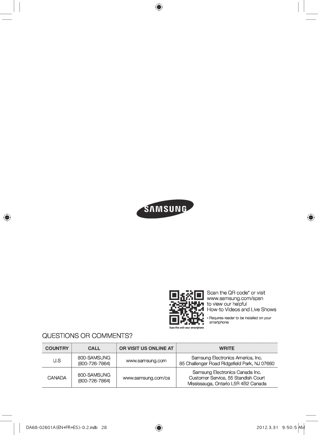 Samsung RF263BEAEWW, RF263BEAEBC, RF263BEAESR, RF263NC Questions Or Comments?, Country, Call, Or Visit Us Online At, Write 