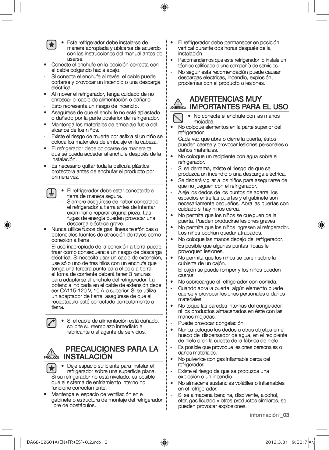 Samsung RF263BEAESR Precauciones Para La Precaución Instalación, Advertencias Muy Advertencia Importantes Para El Uso 