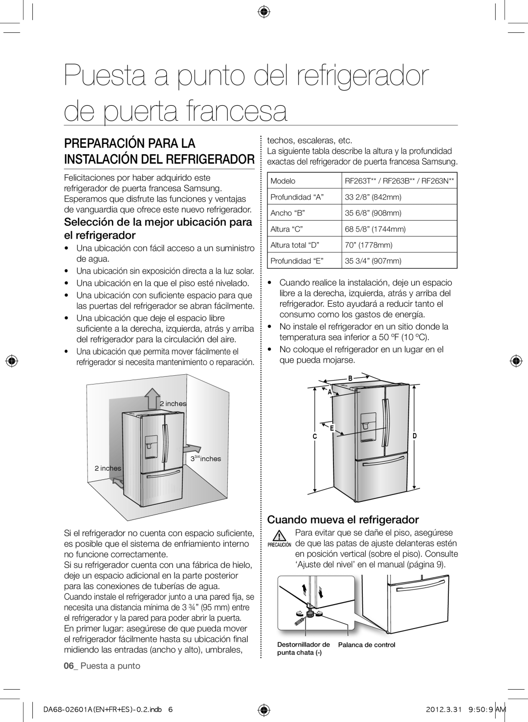 Samsung RF263TE Puesta a punto del refrigerador de puerta francesa, Preparación para la instalación del refrigerador 