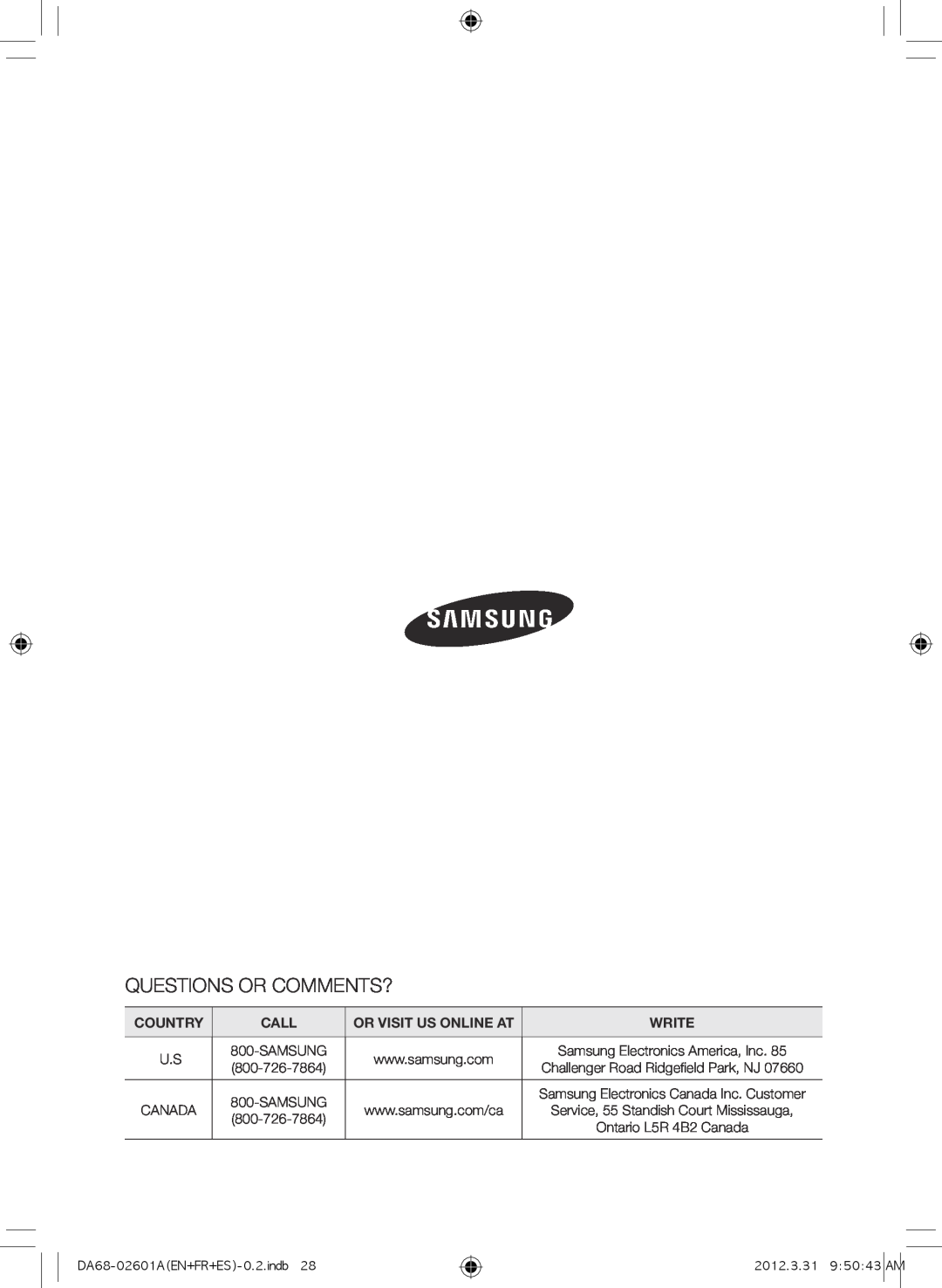 Samsung RF263BEAEWW Questions Or Comments?, Country, Call, Or Visit Us Online At, Write, Samsung Electronics America, Inc 