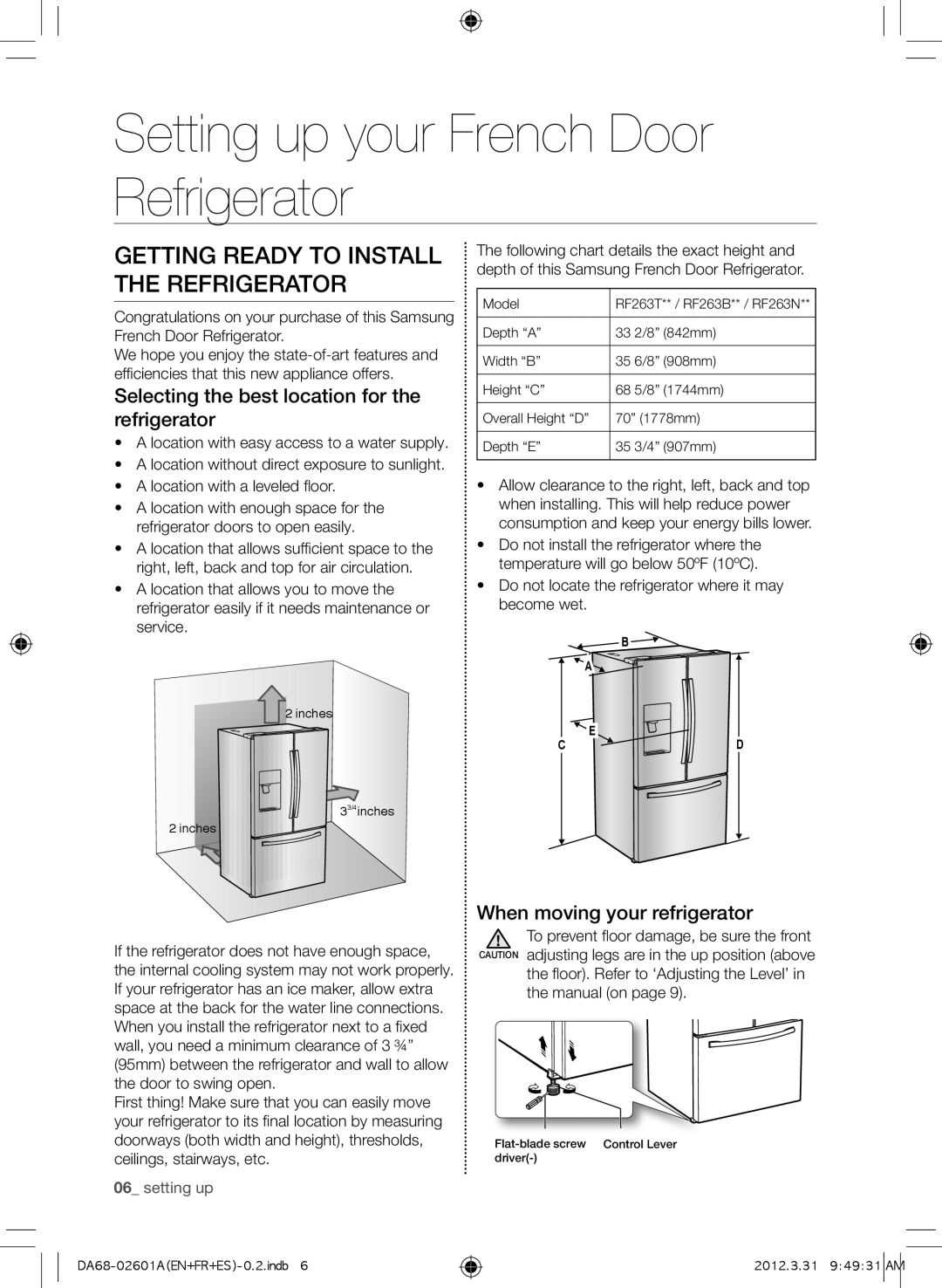 Samsung RF263TE, RF263BE Setting up your French Door Refrigerator, Getting ready to install the refrigerator, setting up 