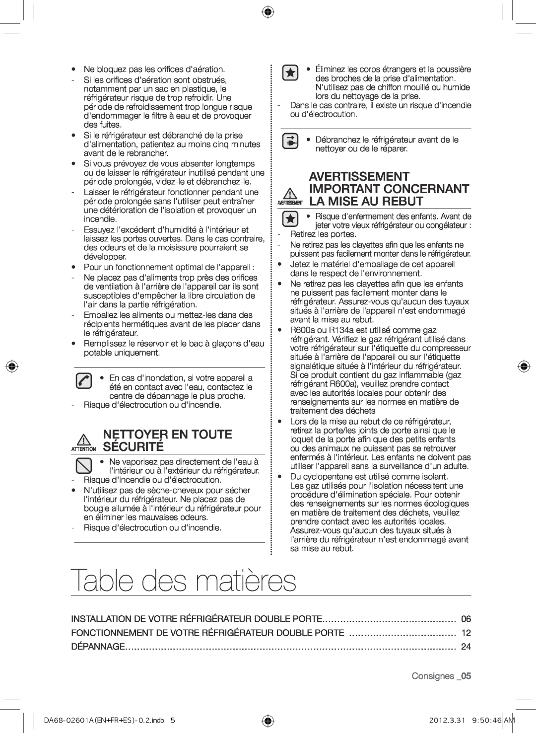 Samsung RF263NC Table des matières, Nettoyer En Toute, Avertissement Important Concernant Avertissement La Mise Au Rebut 