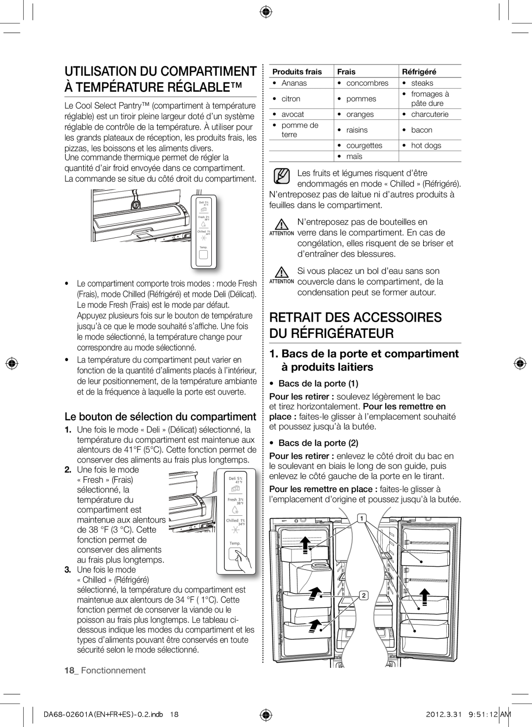 Samsung RF263BEAESP Utilisation du compartiment à température réglable, Retrait des accessoires du réfrigérateur, Frais 