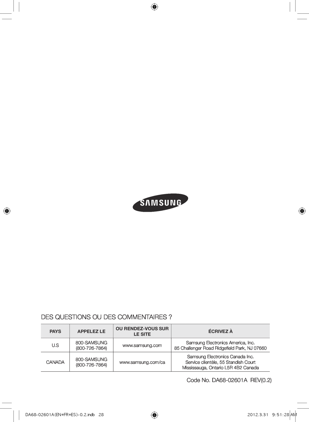 Samsung RF263BEAEWW Des Questions Ou Des Commentaires ?, Pays, Appelez Le, Ou Rendez-Vous Sur, Écrivez À, Le Site, Canada 